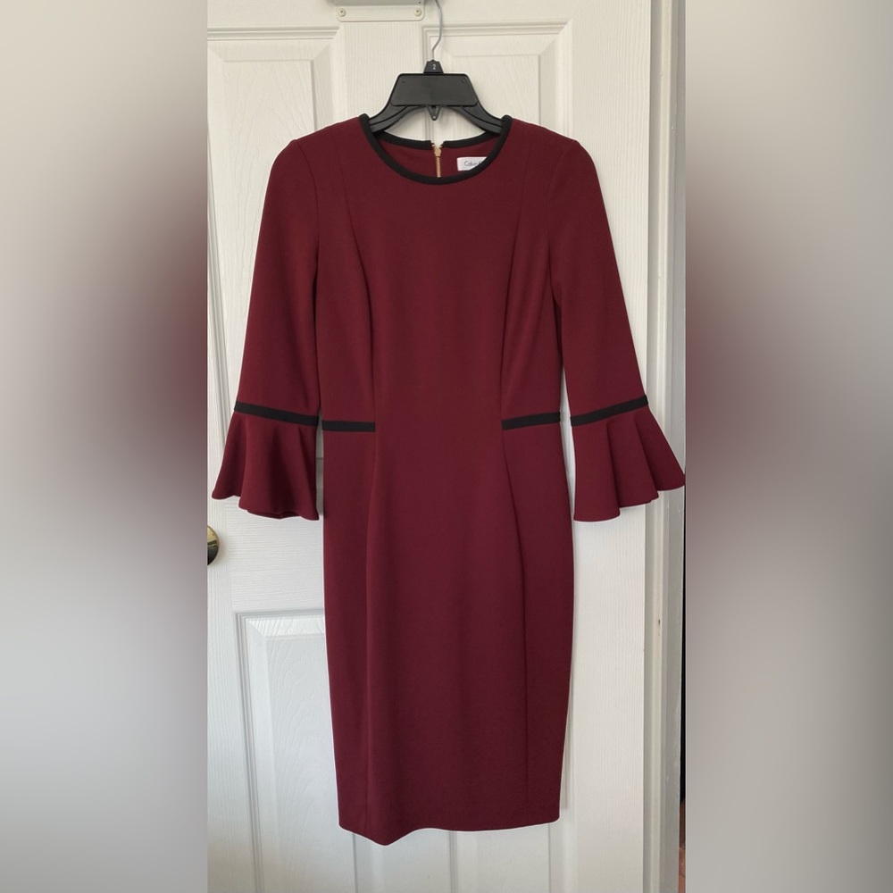 Calvin Klein Burgundy Bell Sleeve Dress w/ Black Trim Accent
